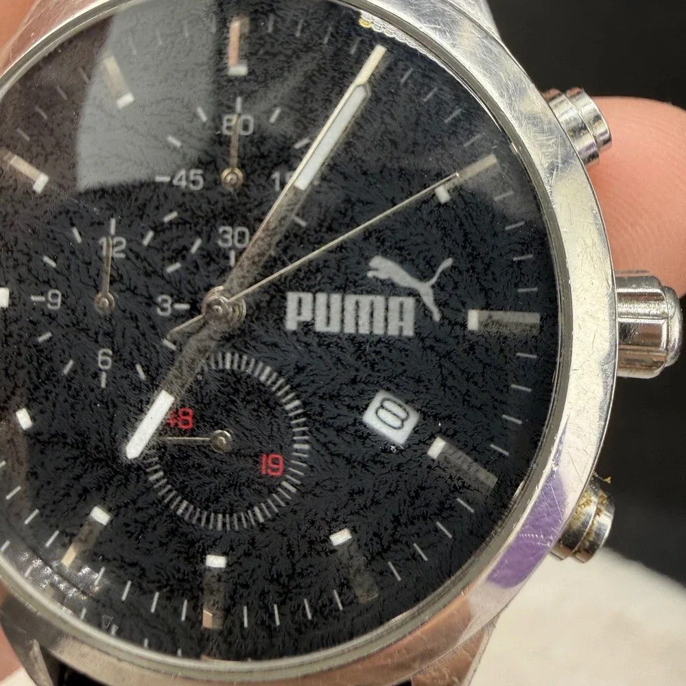 Puma Chronograph Watch Black Silver Leather Strap Date Sport Mens 7.5in